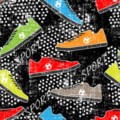 pattern with multi-colored sneakers and soccer ball, geometric elements and sports text