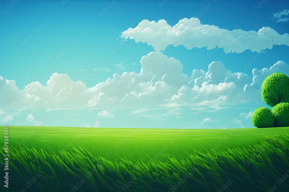 Wall mural green grass field and blue sky summer landscape background. generative ai.