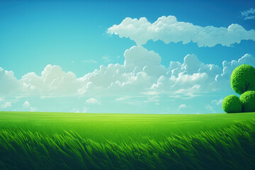 Obraz premium Green grass field and blue sky summer landscape background. Generative AI.