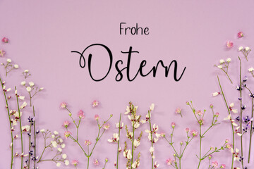 Purple Spring Flower Arrangement, German Text Frohe Ostern Means Happy Easter