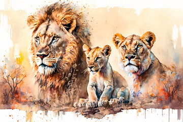 The family of lions lies on the grass. Generative AI