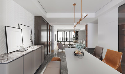 Modern Dining interior with dining table and chairs. 3D illustration