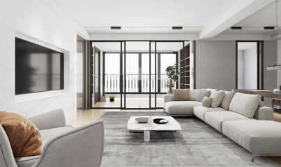 The modern luxury interior of the living room is bright and clean. 3D illustration
