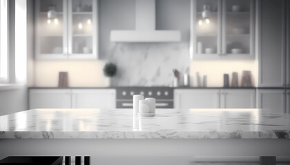 Fototapeta na wymiar Modern empty white marble table top, blurred kitchen background, Generative AI