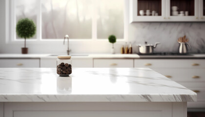 Obraz na płótnie Canvas Modern empty white marble table top, blurred kitchen background, Generative AI