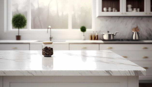 Modern empty white marble table top, blurred kitchen background, Generative AI