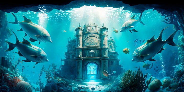 shimmering, underwater city populated by mermaids and other aquatic creatures Generative AI
