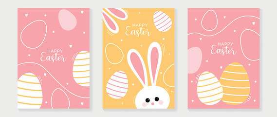Happy Easter element cover vector set. Cute hand drawn rabbit, easter eggs decorate with heart, line and sparkles texture. Collection of doodle bunny and adorable design for decorative, card, kids.
