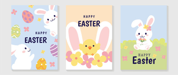 Happy Easter element cover vector set. Cute hand drawn white fluffy rabbit decorate with easter eggs, chicks, flowers, garden, sky. Collection of adorable doodle design for decorative, card, kids.