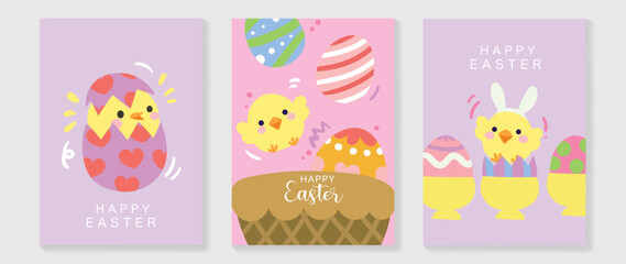 Happy Easter element cover vector set. Hand drawn yellow playful cute chicks decorate with easter eggs, basket, egg cup holders. Collection of adorable doodle design for decorative, card, kids.