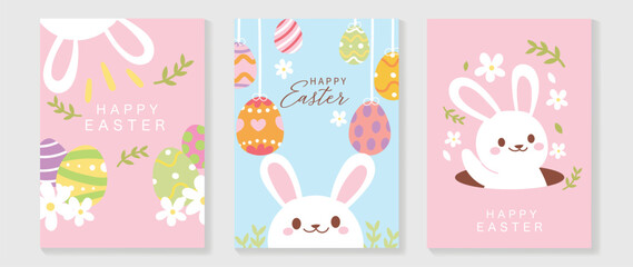Fototapeta na wymiar Happy Easter element cover vector set. Hand drawn playful cute white rabbit decorate with easter eggs, spring flowers and leaf branch. Collection of adorable doodle design for decorative, card, kids.