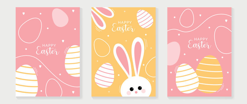Happy Easter element cover vector set. Cute hand drawn rabbit, easter eggs decorate with heart, line and sparkles texture. Collection of doodle bunny and adorable design for decorative, card, kids.