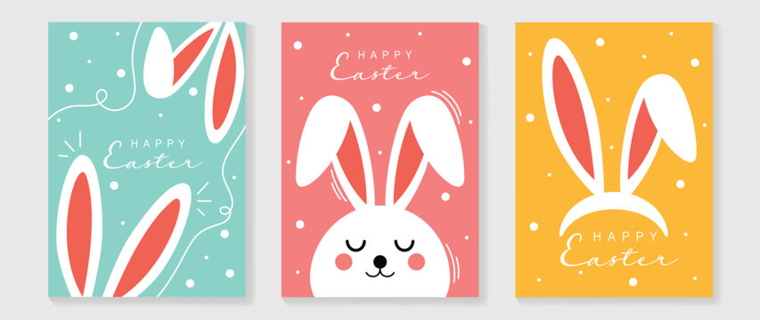 Happy Easter element cover vector set. Cute hand drawn white rabbit decorate with dot texture and line art on colorful background. Collection of adorable doodle design for decorative, card, kids.