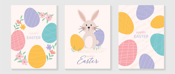 Happy Easter element cover vector set. Hand drawn cute rabbit decorate with easter eggs and flowers on watercolor texture background. Collection of adorable doodle design for decorative, card, kids.