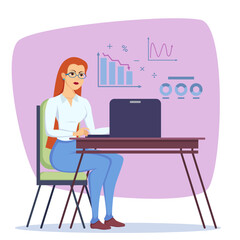 Female finance manager at laptop and statistics charts. Businesswoman sitting at desk, financial crisis or company decline vector illustration. Business, finances, recession, bankruptcy concept