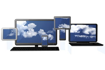 PNG, Trasparente. Informatica, computer. Computer, tablet, smartphone, sugli schermi cielo azzurro con nuvole.
