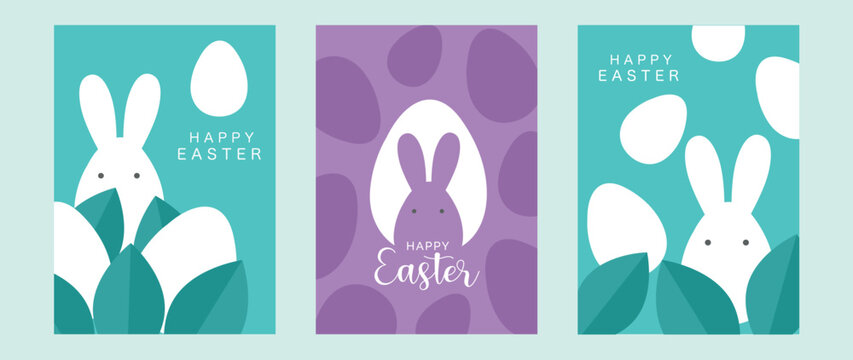Happy Easter element cover vector set. Hand drawn cute rabbit decorate with easter egg and leaf shapes, silhouette texture background. Collection of adorable doodle design for decorative, card, kids.