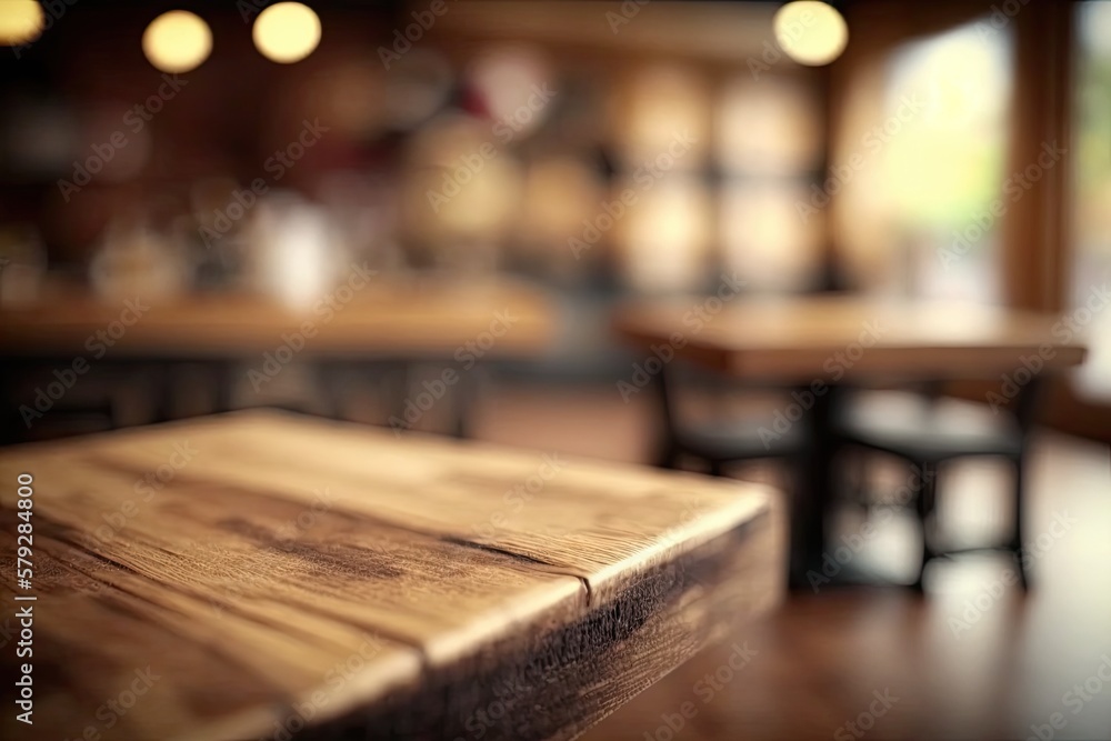 Poster tabletop is empty wood at cafe with blurred background and selective focus. useful for creating a ph