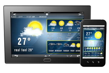 PNG, Trasparente. tablet smartphone con applicazioni previsioni del tempo.