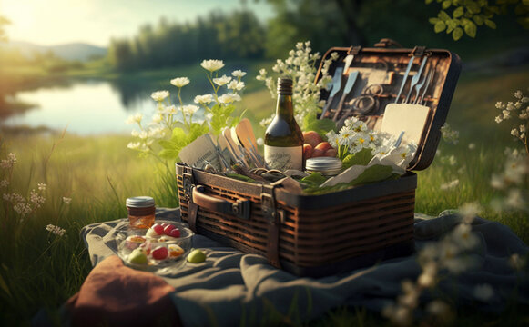 breakfast on the grass on the background of a meadow, romantic dinner, weekend, outdoor recreation, generative ai