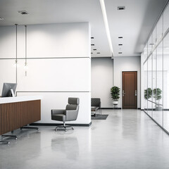 Comfortable office lobby interior with blank white wall.