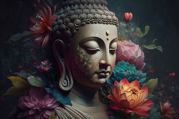 Buddha statue in the lotus background. Generative AI.