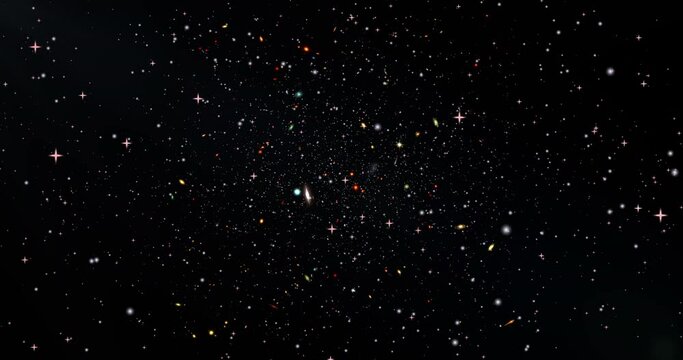 Fly towards extremely distant galaxies revealing glowing stars field and a view of the early universe. Wide view of the galaxies which are many billions of light-years farther.