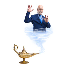 Businessman coming out from a magic lamp