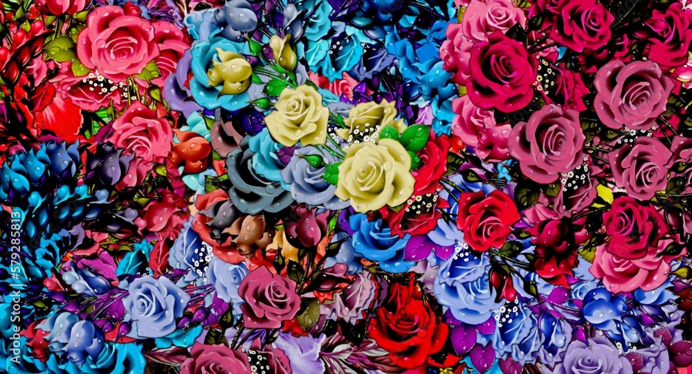 Poster computer graphics of abstract floral psychedelic background stylization of colored chaotic stickers 