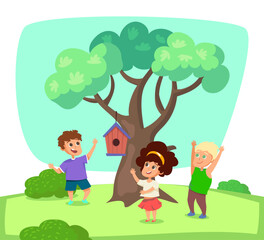 Happy cartoon children with birdhouse hanging on tree branch. Cute kids with wooden house for birds vector illustration. Spring, childhood, leisure, outdoor activity, happiness, holidays concept