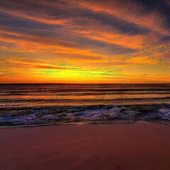 A Serene Summer Sunset on the Calm Ocean Coastline.