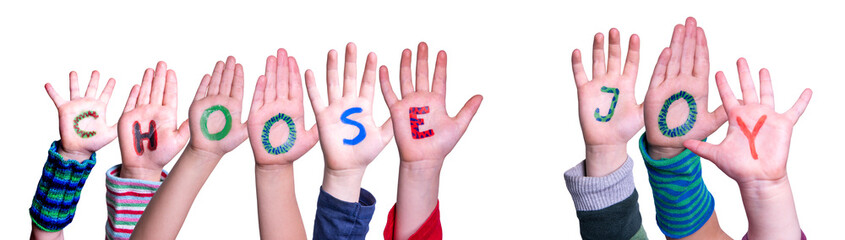 Children Hands Building Word Choose Joy, Isolated Background