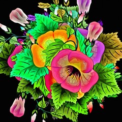 Computer graphics of abstract floral psychedelic background stylization of colored chaotic stickers in the form of leaves