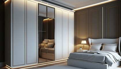 Fitted modern wardrobe around bed to have a place to store the fancy clothes, interior
