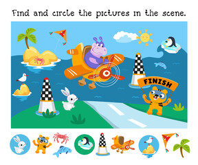 Find and circle objects. Educational puzzle game for children. Cute hippo in plane. Cartoon character. Vector illustration. Transport and air racing. 
