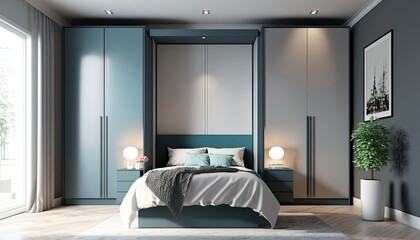 Fitted modern wardrobe around bed to have a place to store the fancy clothes, interior