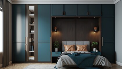 Fitted modern wardrobe around bed to have a place to store the fancy clothes, interior