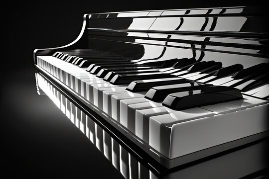 All in stark black and white. Photograph of a piano keyboard seen from the side. Piano with a reflective black finish. Generative AI