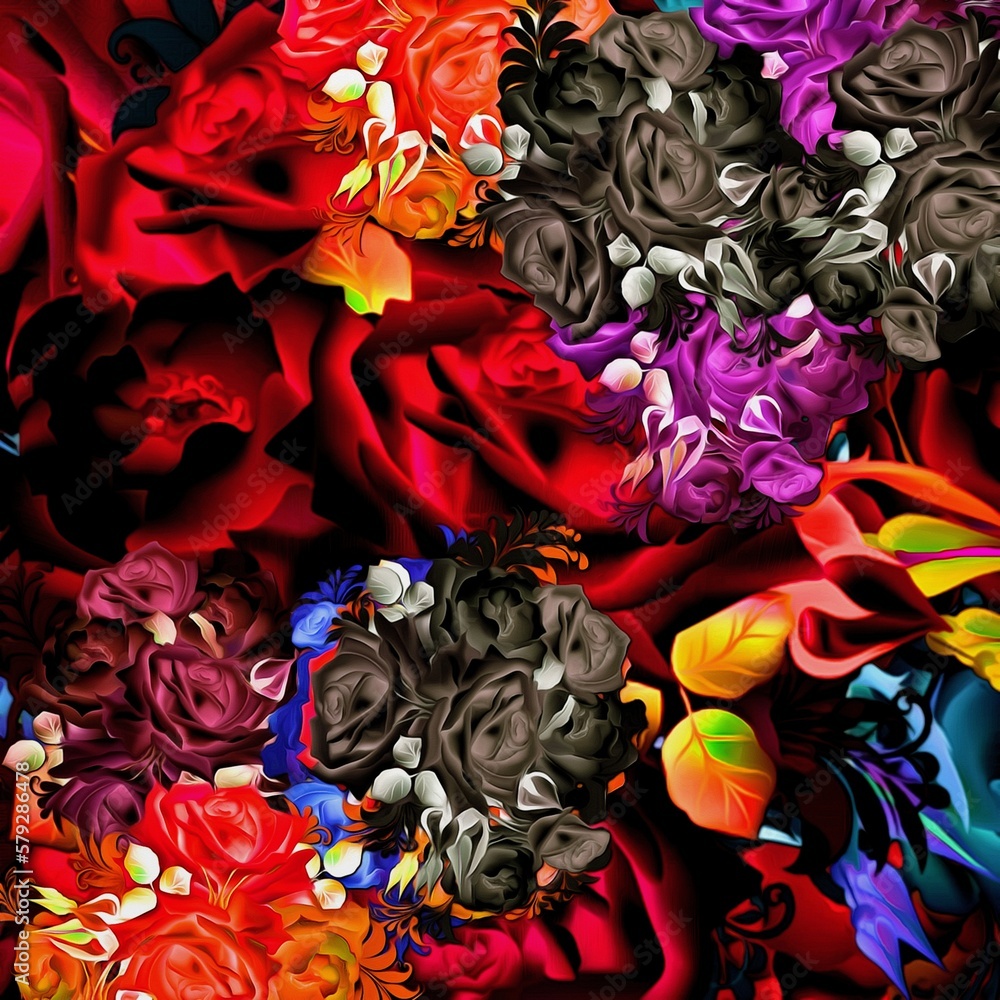 Poster computer graphics of abstract floral psychedelic background stylization of colored chaotic stickers 