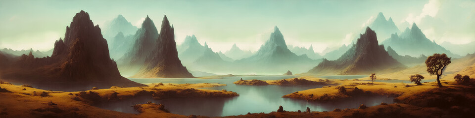 Fantasy landscape painting of ominous mountains, rivers. Dark, dangerous atmosphere. Generative AI