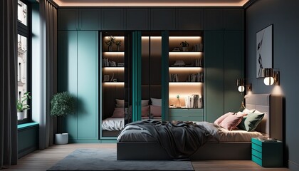 Fototapeta premium Fitted modern wardrobe around bed to have a place to store the fancy clothes, interior