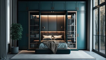 Fitted modern wardrobe around bed to have a place to store the fancy clothes, interior