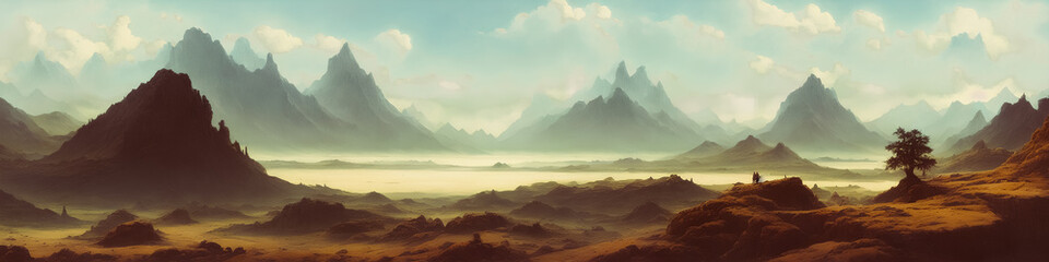 Fantasy landscape painting of ominous mountains, rivers. Dark, dangerous atmosphere. Generative AI