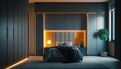 Fitted modern wardrobe around bed to have a place to store the fancy clothes, interior