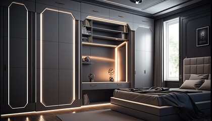 Fototapeta premium Fitted modern wardrobe around bed to have a place to store the fancy clothes, interior