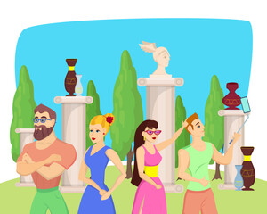 Young people taking selfies in garden with Corinthian columns. Gen Z tourists looking at Greek monuments and amphorae vector illustration. Ancient Greece, culture, history, tourism concept - obrazy, fototapety, plakaty