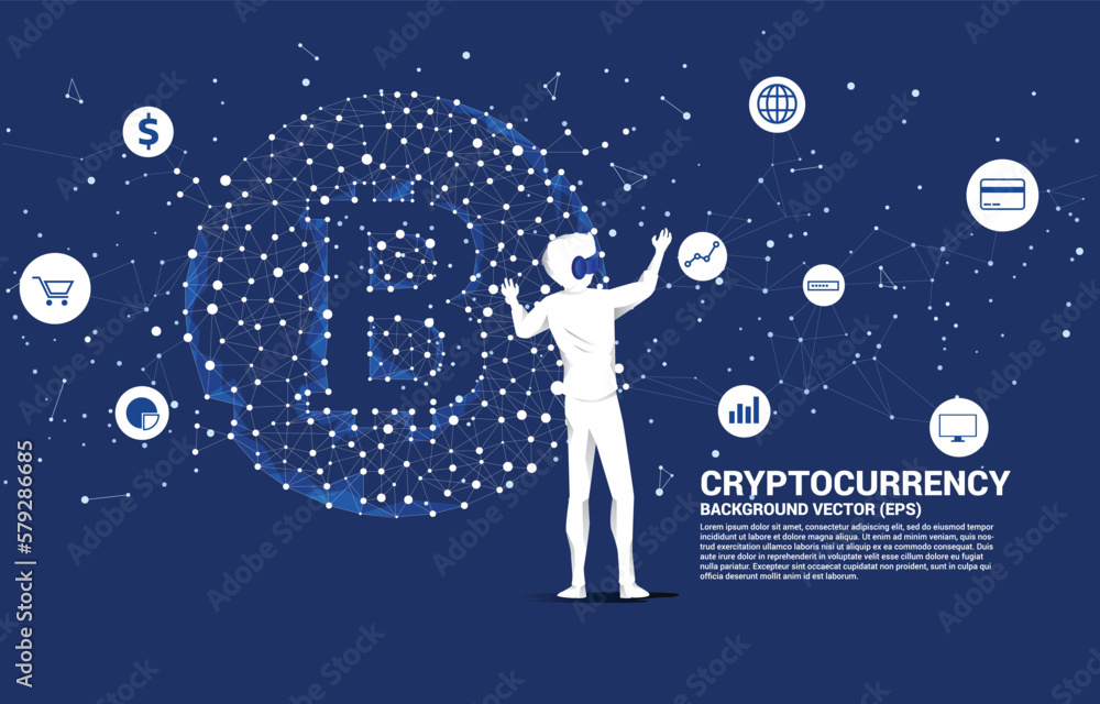Poster silhouette man wear vr glasses with bitcoin icon from polygon dot connect line. concept for cryptocu