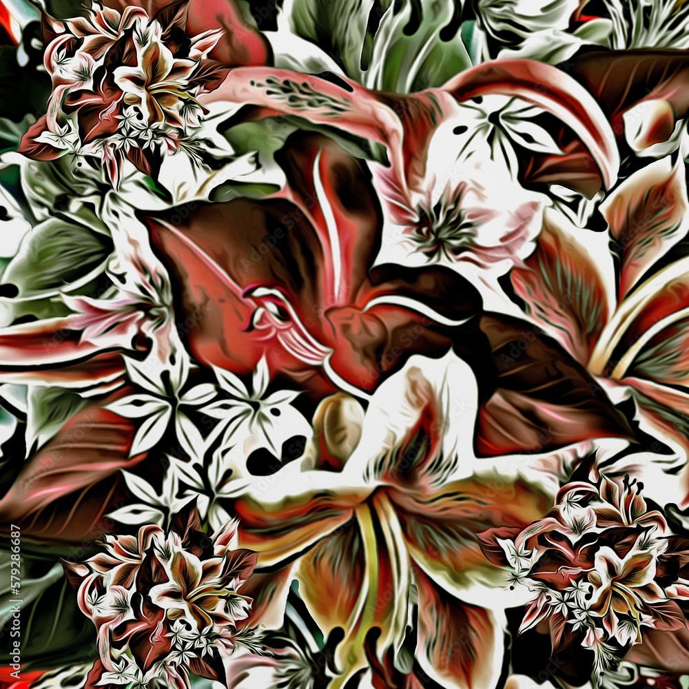 Poster computer graphics of abstract floral psychedelic background stylization of colored chaotic stickers 