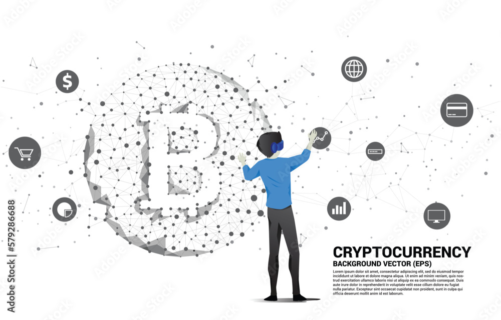 Poster silhouette man wear vr glasses with bitcoin icon from polygon dot connect line. concept for cryptocu