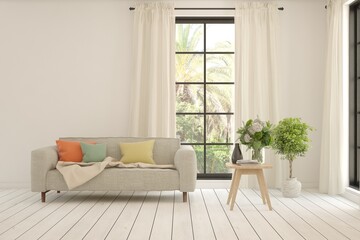 White living room with sofa and summer landscape in window. Scandinavian interior design. 3D illustration
